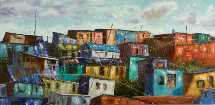 Andre Chatelain, Home Town-2, oil on canvas, 18 x 36