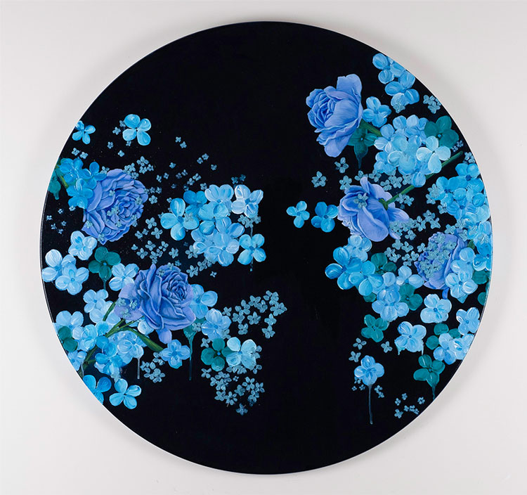 Midnight Garden", oil and acrylic on board, 23 inches diameter