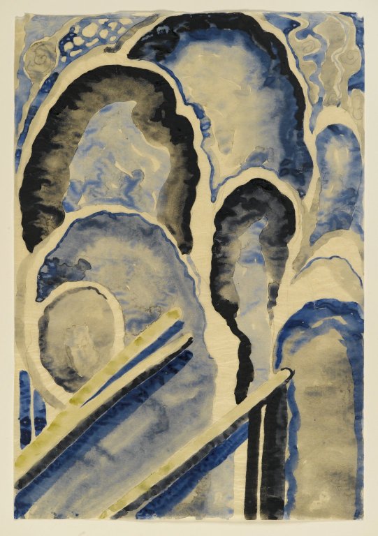 Georgia O'Keeffe, Blue #1, circa 1916, watercolor and graphite on paper, 15.9 ″ x 10.9 ″. In the collection of the Brooklyn Museum. 