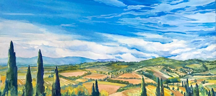 Peace Conference, Assisi, watercolor, 13" x 28"