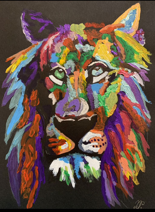 colorful painting of a lion by Debbie Crouch