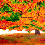 Janel Houton, Sugar Maple Die Off, acrylic on canvas, 15" x 30". The image of a Sugar Maple includes text from a recent report on the future impact of climate change on the native and natural environment of New England, warning of a potential "die-off" of the trees due to warming temperatures.