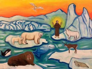 Janel Houton, Arctic Vision of St. Francis, acrylic on canvas, 36" x 48".