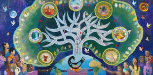 Restorative Justice Singing Tree, acrylic on wood, plus colored pencil on paper, 8' x 16'
