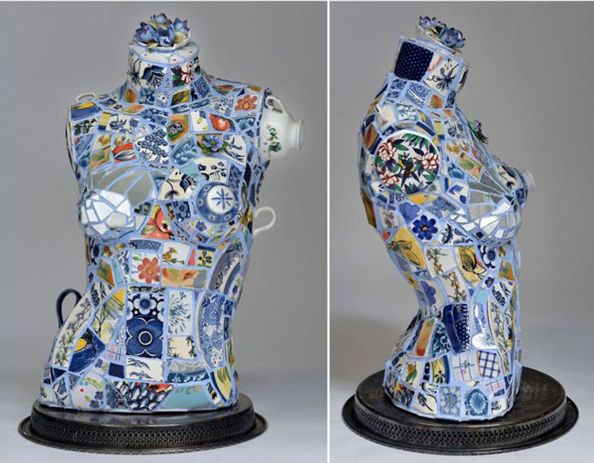 Hide This Breast That I Cannot Look At, picassiette style mosaic, recycled porcelain, glass and jewelry on fiberglass, 24” x 15” x11”