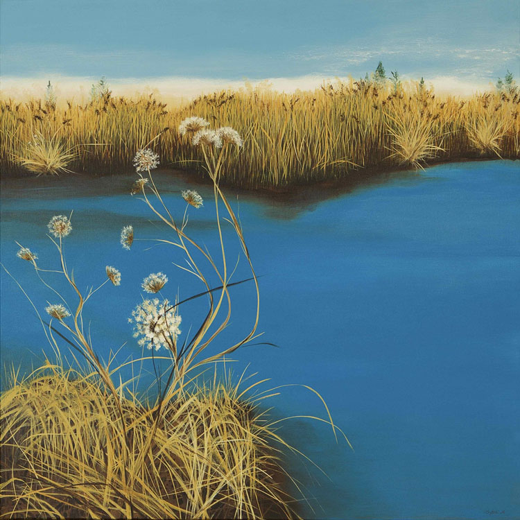 Marshland, acrylic on canvas, 39” x 39” by Sandy Iseli