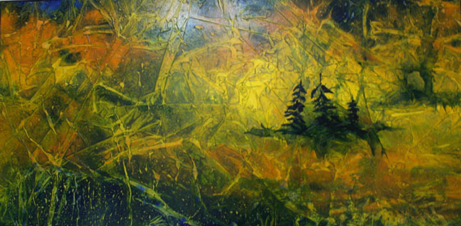 Let There Be Light, acrylic paint, crayon, ink on tissue paper on gallery wood panel, 18" x 36”.
